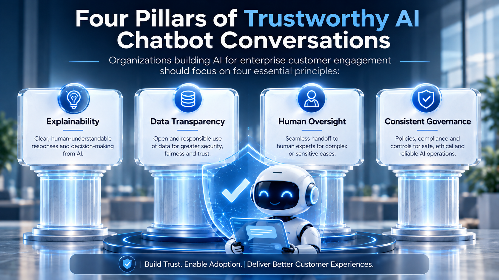 Visual framework showing the four pillars of trustworthy Agentic AI chatbot conversations: explainability for transparent AI decisions, data transparency for privacy, human oversight for accountability, and consistent governance for secure enterprise AI deployment and customer trust.