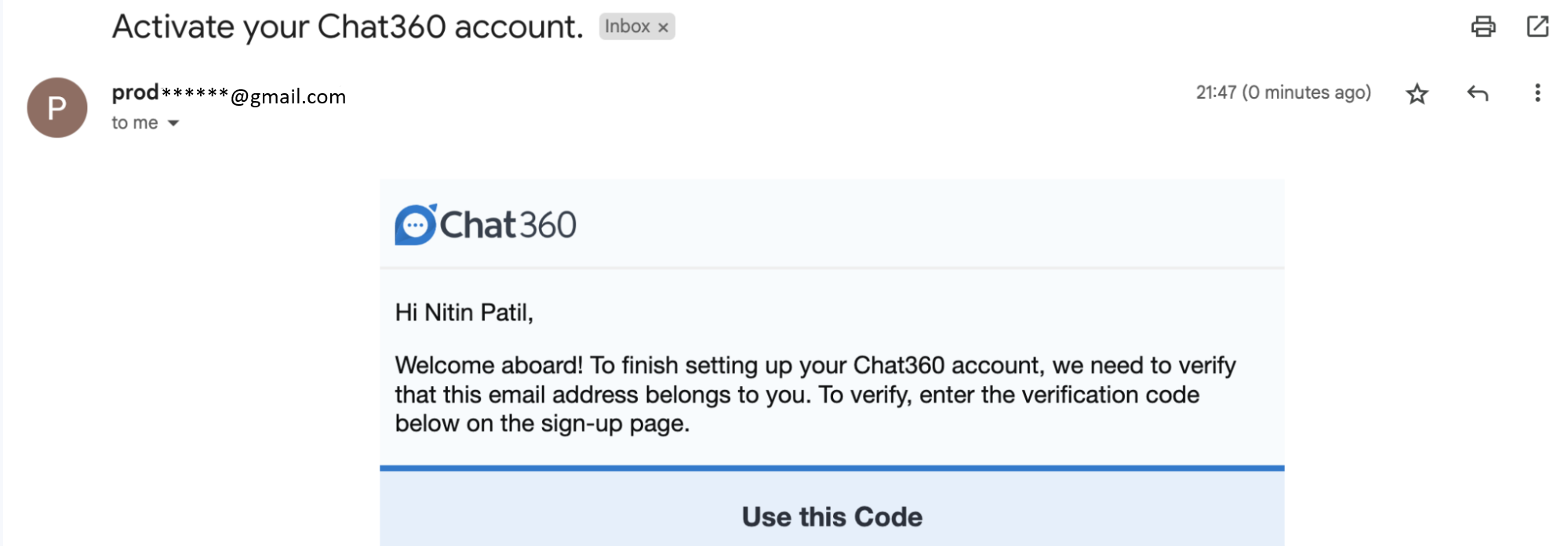 Image Showcasing verify your email for Chat360