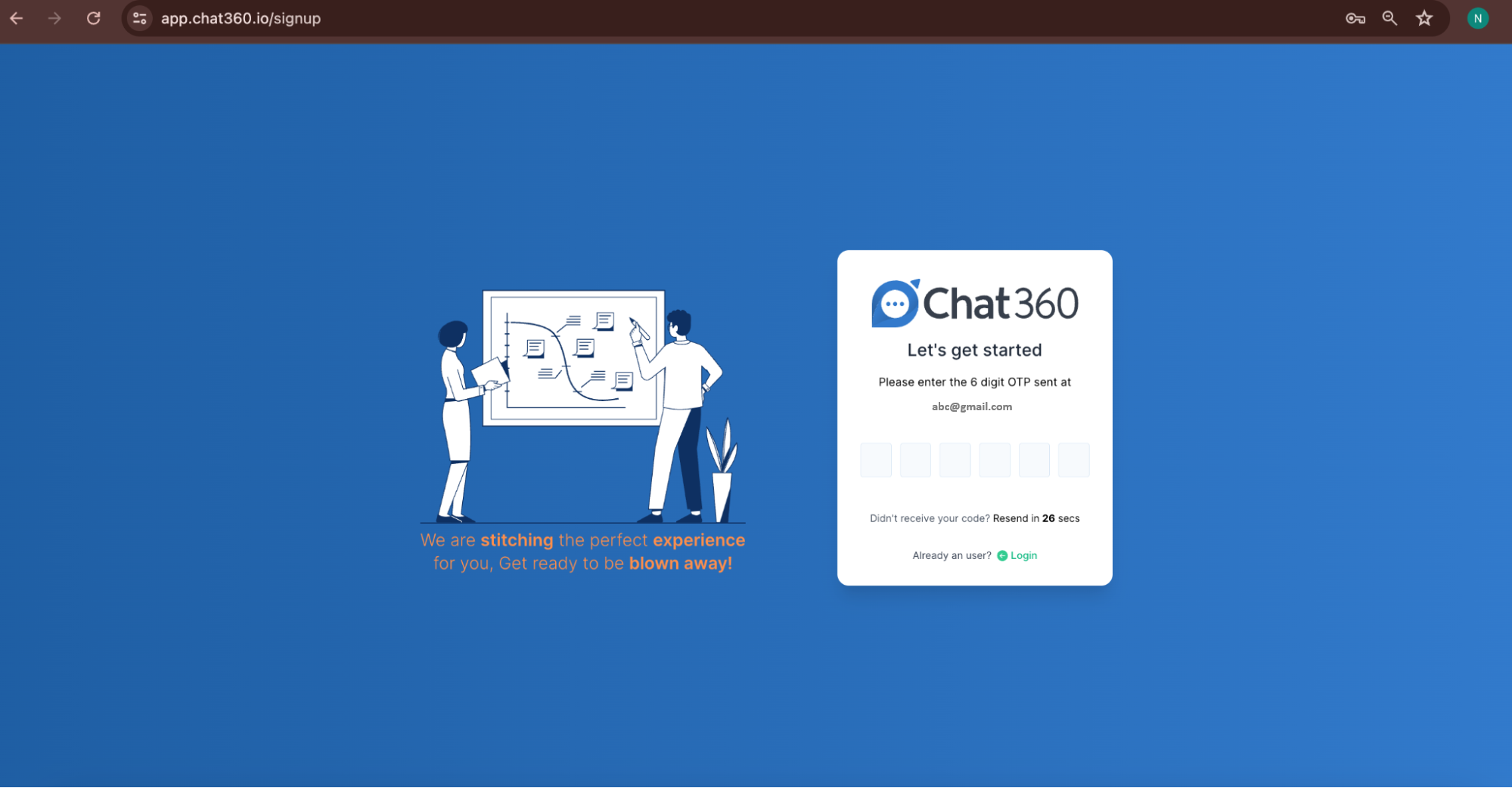 Screen showcasing Chat360 app sign up